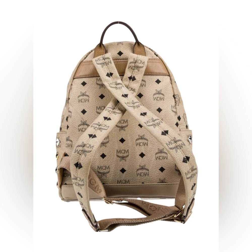 MCM Beige Visetos Silver and Gold Pyramid Studded Backpack with Dust Bag - Picture 3 of 16
